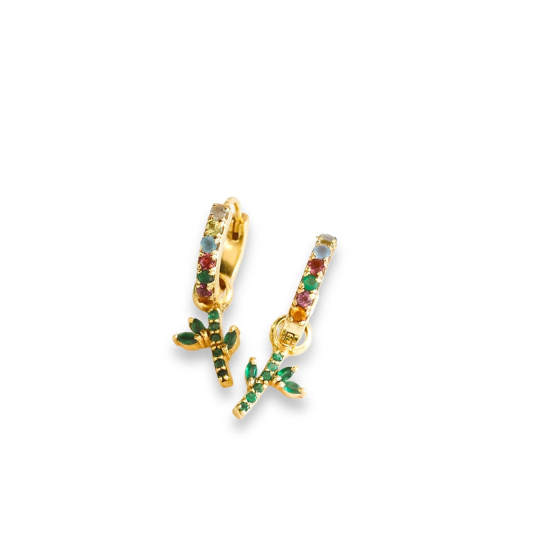 Bamboo Charm on Rainbow Pave Huggie Set
